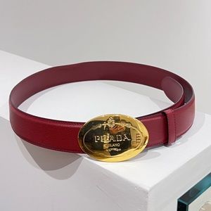 Prada Red Leather Belt with Gold Oval Logo Buckle